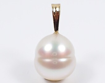 14mm ringed Drop White Pinkish Australian South Sea Pearl Pendant Genuine 750 18ct 18k Yellow Gold