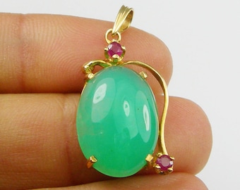 Green-Blueish Color Oval Cabochon Natural Australian Jade Chrysoprase & Natural Ruby Gemstone Pendant Genuine 750 18k Yellow Gold