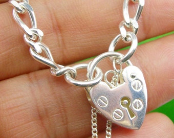 Sterlingzilveren figaro-armband met harthangslot, 19 cm, gemaakt in Australië, FD141PS
