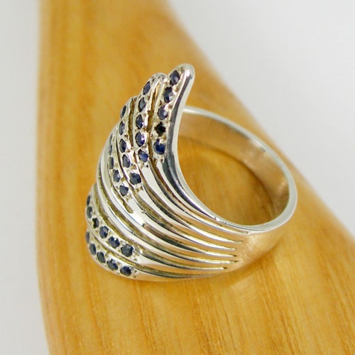 Shops 0.62 carats 31xRound Cut Blue Color Natural Australian Sapphire Gemstone Swirl Curl Statement Dress Ring Genuine 925 Sterling Silver - R780