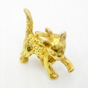 K&ouml;nnte beinhalten: Ein goldfarbener Anh&auml;nger in Form einer kleinen Katze. Der Anh&auml;nger ist mit einer strukturierten Oberfl&auml;che verziert und hat eine &Ouml;se zum Anbringen an einer Halskette oder einem Armband.