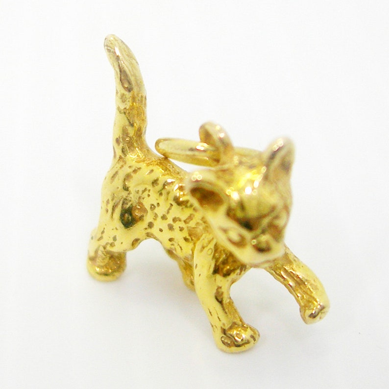 K&ouml;nnte beinhalten: Ein goldfarbener Anh&auml;nger in Form einer kleinen Katze. Der Anh&auml;nger ist mit einer strukturierten Oberfl&auml;che verziert und hat eine &Ouml;se zum Anbringen an einer Halskette oder einem Armband.