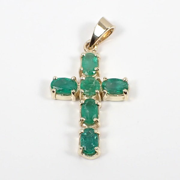 1.64 carats Good Strong Green Color Natural Emerald Precious Gemstone Faith Cross Pendant Genuine 375 9ct 9k Yellow gold - P131