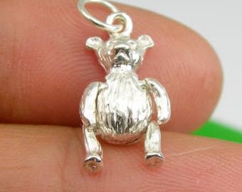 Niedlicher Teddybär, der Arme und Beine bewegt 3 Dimensionales Design Charm Anhänger echtes 925 Sterling Silber - C2067