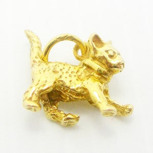 K&ouml;nnte beinhalten: Ein goldfarbener Anh&auml;nger in Form einer Katze. Die Katze sitzt auf ihren Hinterbeinen mit ausgestreckten Vorderpfoten. Der Anh&auml;nger hat oben eine Schlaufe zum Anbringen an einer Halskette oder einem Armband.