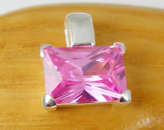 14x10mm Princess Cut Intense Pink Coloured Cubic Zirconia Gemstone Rectangle Solitaire Pendant Genuine 925 Sterling Silver