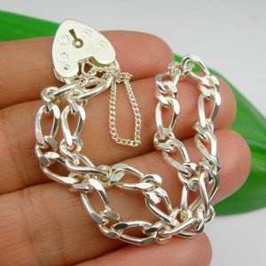 Figaro Curb 1x1 With Heart Padlock & Safety Chain, Bracelet 19cm Length, FD141PS - Australian Made Jewellery