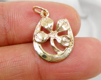 Lucky Horse Shoe and  Four Leaf Leave Clover Charm Pendant, Genuine 375 9ct Yellow Gold or 750 18ct 18k Yellow Gold - C206