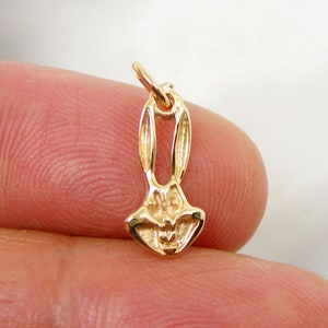 Könnte beinhalten: Goldfarbener Anhänger mit dem Kopf eines Cartoon-Kaninchens mit einem breiten Lächeln und großen Ohren. Der Anhänger hat oben eine Schlaufe zum Anbringen an einer Halskette oder einem Armband.