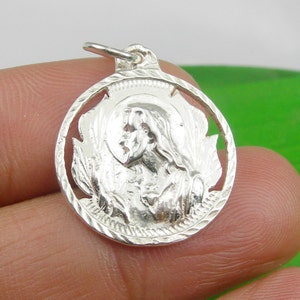 Double Sided Design Religious Fsith Round Medallion Pendant, Jesus Christ, Madonna and Child Genuine 925 Sterling Silver - P162