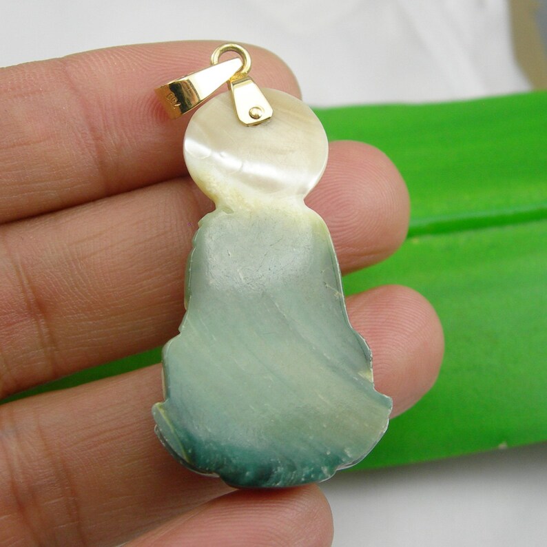 Handcarving Natural Seashell Mother Of Pearl Gautama Buddha Statue Buddhism Pendant Genuine 750 18k 18ct Yellow Gold Fale Fittings