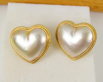 18x16mm Heart Light Pink Golden Hued Australian Mabe Pearl Threaded Stud Earrings Genuine 750 18k Yellow Gold