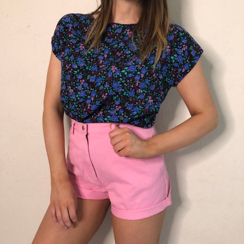 Vintage 1980s New Name In Town Black Blue Floral Top Skirt Set Women/'s Medium
