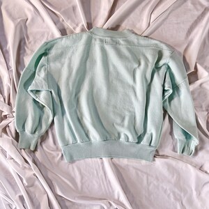 May include: A light green sweatshirt with long sleeves and a ribbed hem.