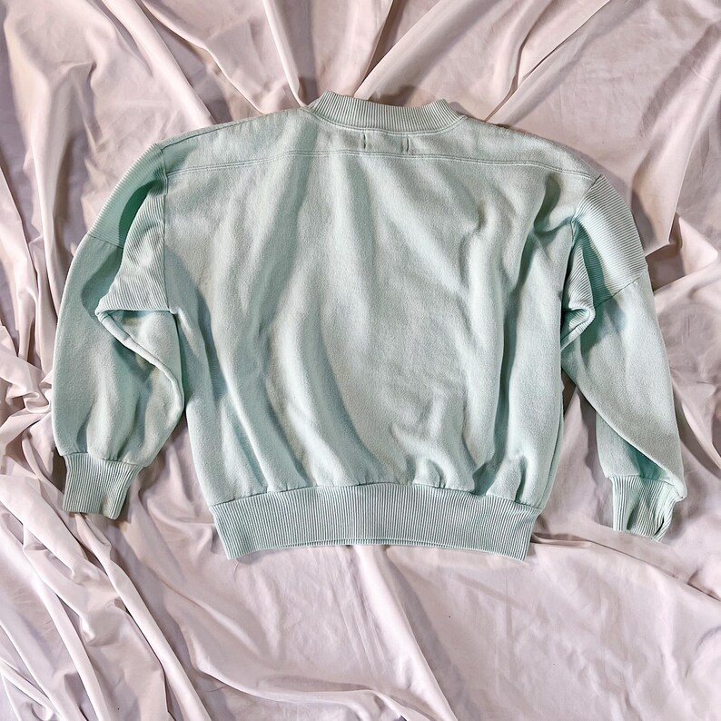 May include: A light green sweatshirt with long sleeves and a ribbed hem.