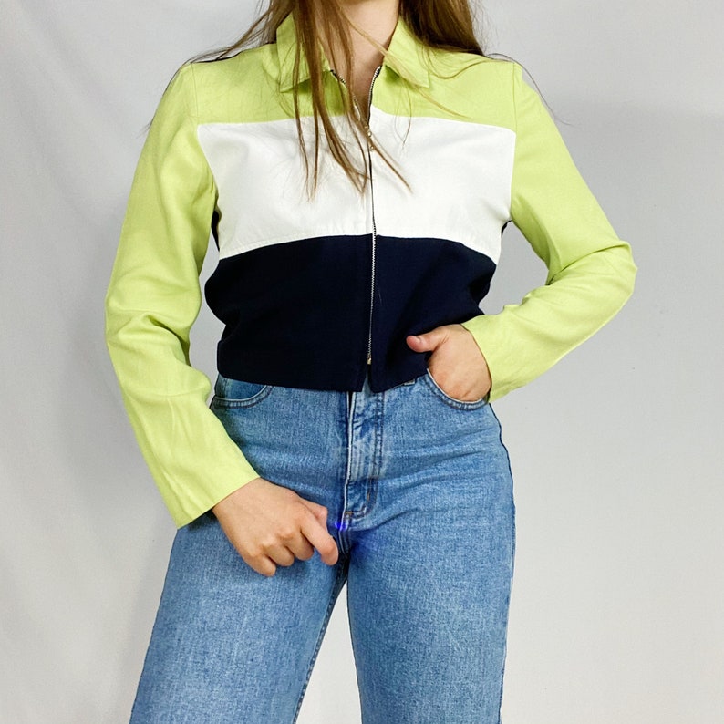 90s Taurus II Jacket Medium Lime Green Navy Blue White Zipper Zip Up Blazer Blouse Collared Womens Striped Color Block Vintage Small Vtg Y2K