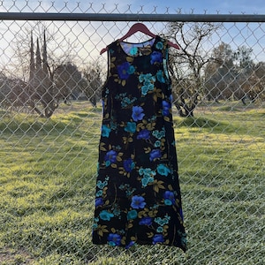 Vintage 90s Studio Ease Black and Blue Floral Maxi Dress Size 14