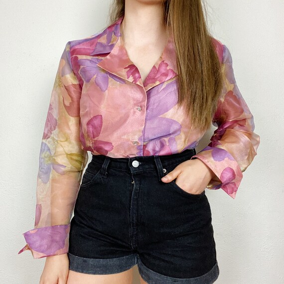 Vintage 1990s MSK Pink Floral Organza Blouse Women