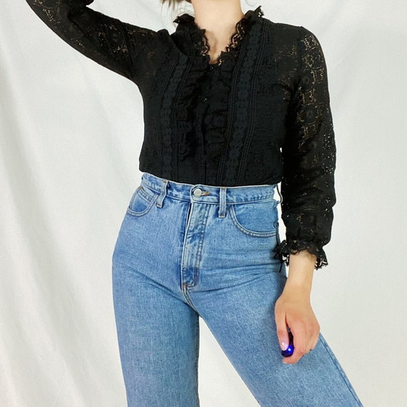 70s Tumbleweeds Blouse Medium Black Victorian Lace