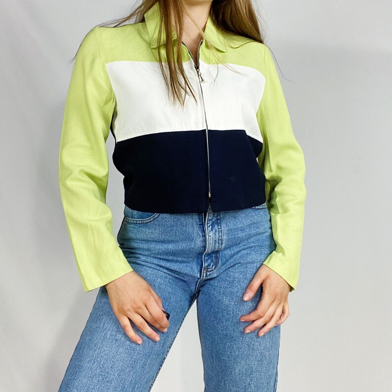 90s Taurus II Jacket Medium Lime Green Navy Blue White Zipper Zip Up Blazer Blouse Collared Womens Striped Color Block Vintage Small Vtg Y2K