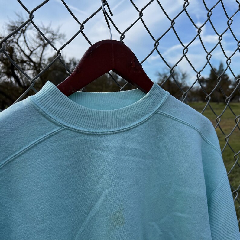 May include: A light blue sweatshirt with a ribbed crew neck.