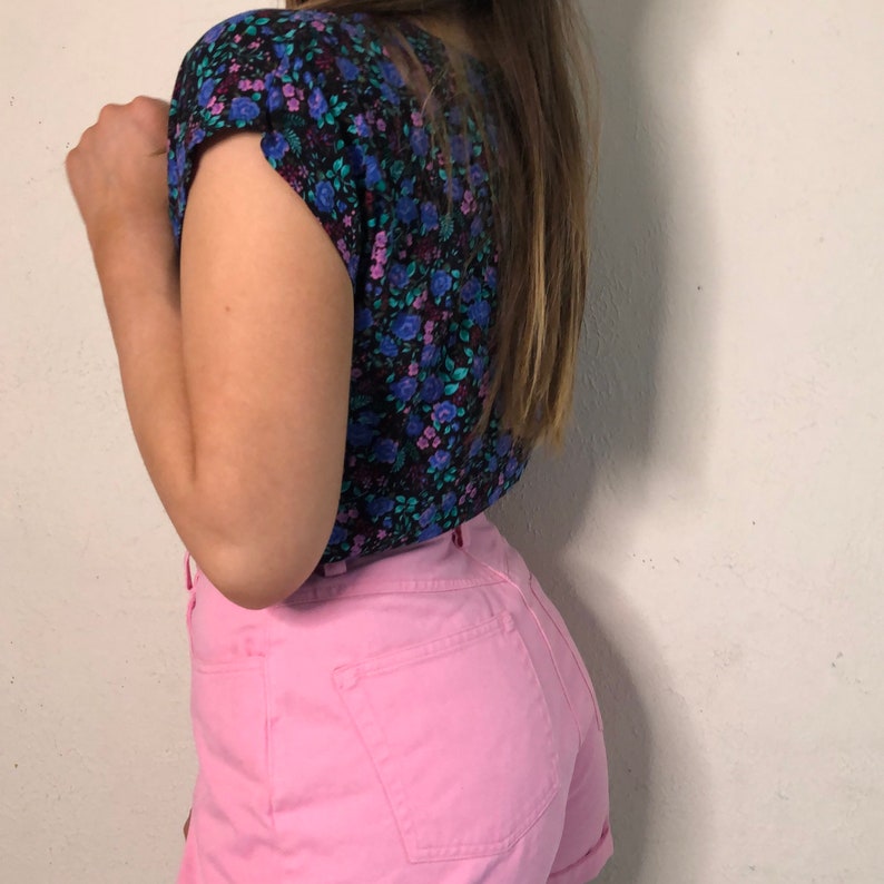Vintage 1980s New Name In Town Black Blue Floral Top Skirt Set Women/'s Medium