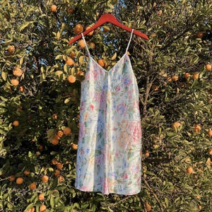 Vintage 80s Pastel Floral Chemise Size Medium Satin Slip Dress