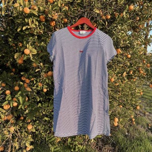 May include: A striped blue and white t-shirt dress with a red trim around the neckline. The dress has a small embroidered design on the front.