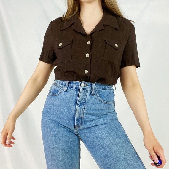 80s vintage evening brown sleeveless blouse with pattern Size M