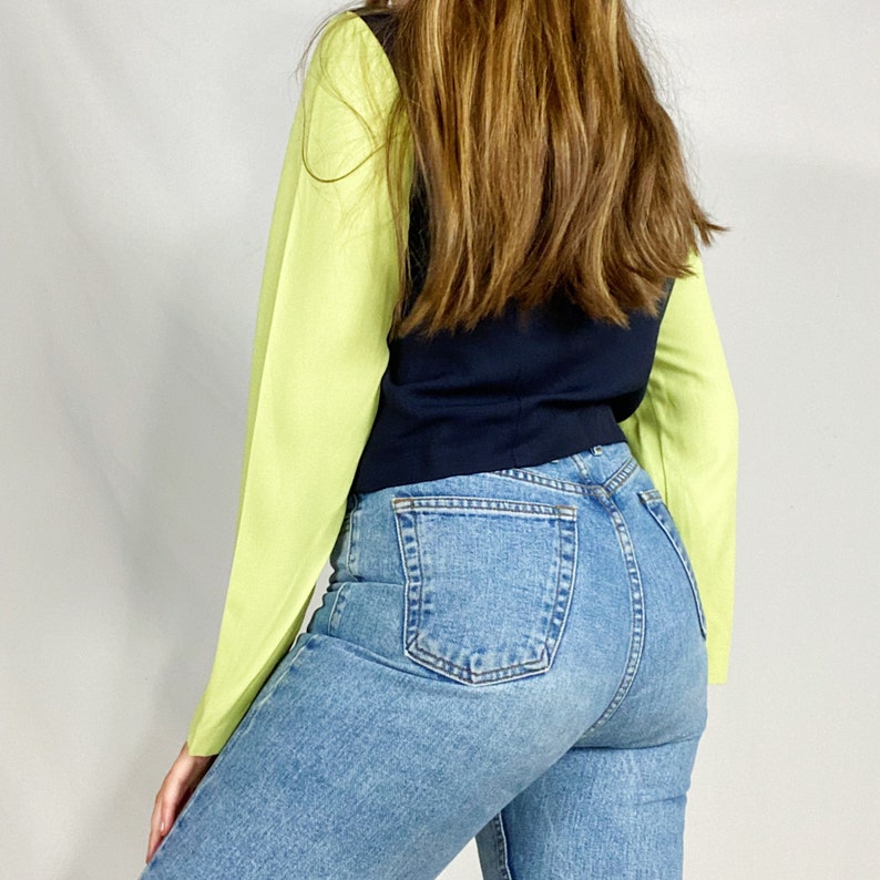 90s Taurus II Jacket Medium Lime Green Navy Blue White Zipper Zip Up Blazer Blouse Collared Womens Striped Color Block Vintage Small Vtg Y2K