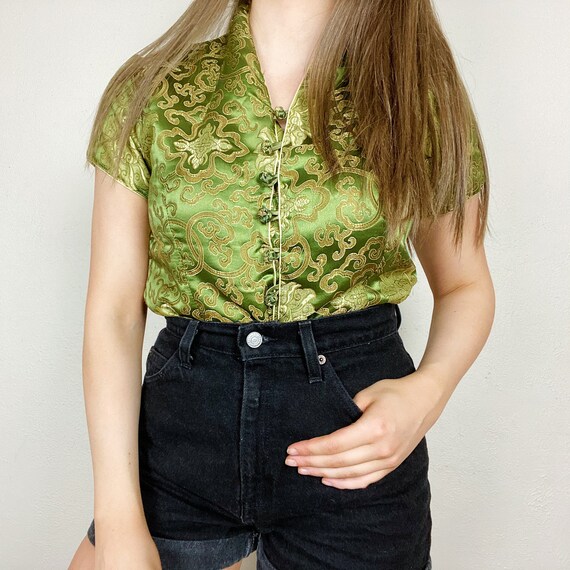 Vintage 1990s Dragon Silk Green Chinese Cheongsam