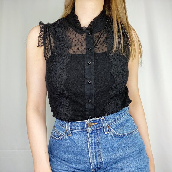 Vintage Y2K Black Lace Victorian Blouse Women's Sm