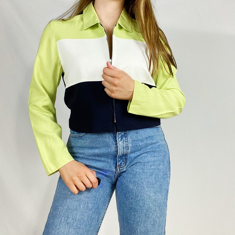90s Taurus II Jacket Medium Lime Green Navy Blue White Zipper Zip Up Blazer Blouse Collared Womens Striped Color Block Vintage Small Vtg Y2K