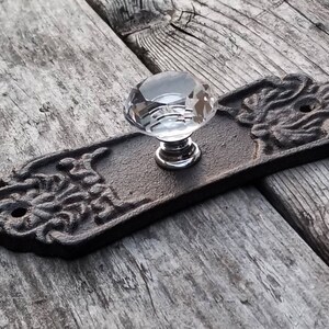 May include: A clear, faceted crystal knob with a silver base is mounted on a dark brown, ornate metal backplate. The backplate has decorative floral designs on each end. The hardware is designed for furniture or cabinetry.