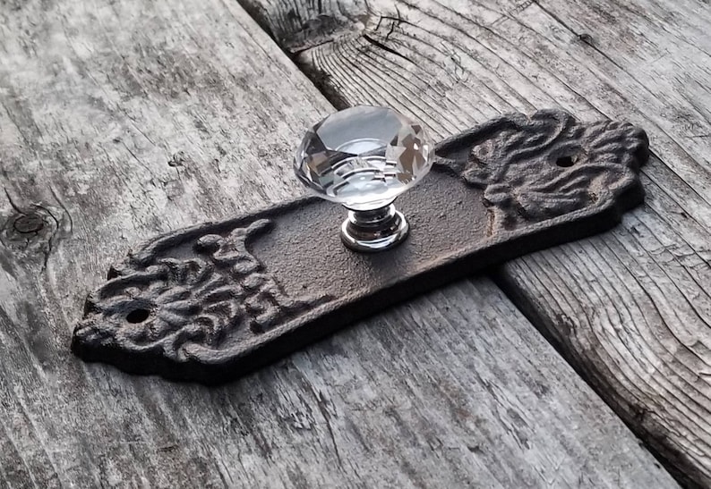 May include: A clear, faceted crystal knob with a silver base is mounted on a dark brown, ornate metal backplate. The backplate has decorative floral designs on each end. The hardware is designed for furniture or cabinetry.