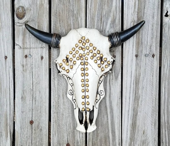 skull, decorative skull, taxidermy, skull decor, boho decor, painted skull, rustic skull, wall mount skull, cow skull, faux skull, longhorn