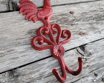 wall hook, rooster, red decor, chicken decor, Iron hook, kitchen decor, towel hook, bathroom hook, rustic hook, entry hook, wall decor