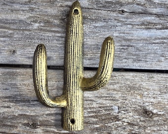 wall hook, cactus, gold, cast iron hook, rustic hook, entry hook, bathroom hook, robe hook, hat rack, home decor, desert decor