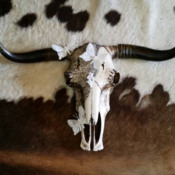 Crâne de vache avec cornes faux taxidermie (résine) décoration de dentelle, perles et papillon