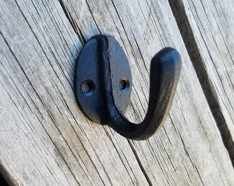 Pair of Rustic Cast Iron Double Hooks, Pair of Cast Iron Coat