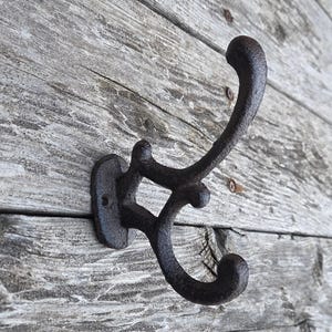 May include: A dark brown, cast iron coat hook mounted on weathered gray wooden planks. The hook has a decorative, curved design with two hooks and a mounting plate. The wood grain is visible.