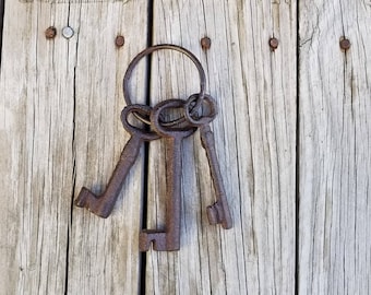 May include: A set of three antique, rusty keys on a metal ring. The keys are various sizes and shapes, with intricate designs. The keys are set against a weathered, light-colored wooden background with visible wood grain and nails.