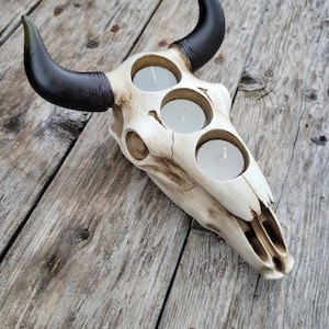 May include: A white ceramic bull skull candle holder with black horns. The skull has three circular cutouts for tealight candles.