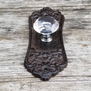 May include: A decorative, antique-style door knob with a clear, faceted crystal handle and a dark brown, ornate backplate. The backplate has a detailed, floral design. The knob is mounted on a weathered, wooden surface.