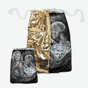 May include: Two black and white sequined drawstring bags with a skull and diamond design. One bag has a gold sequined side. The text "Diamonds Forever" is on the bag.