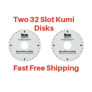 May include: Two white plastic Kumihimo disks with 32 slots each. The disks are labeled "Bead Smith Double-Density Kumihimo Disk".