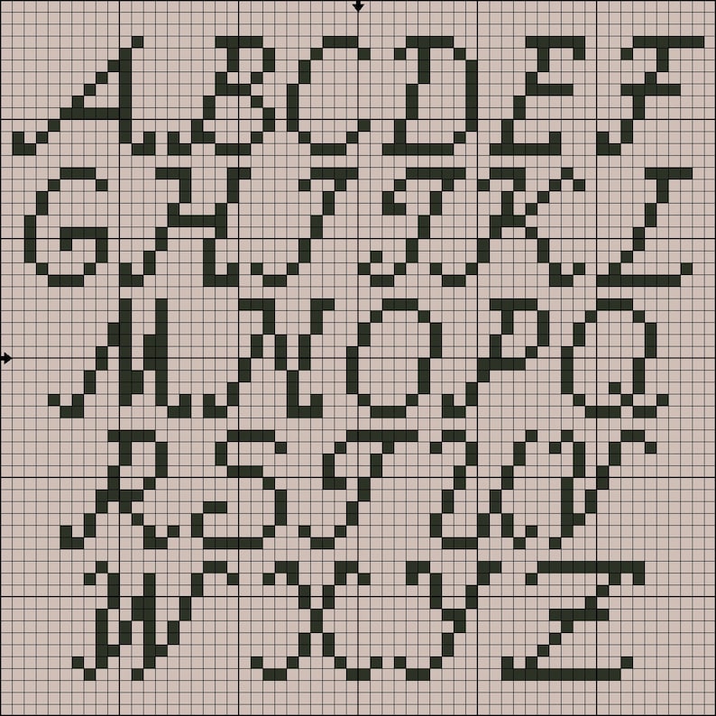 Puede incluir: Un gr&aacute;fico de alfabeto en blanco y negro con cada letra en un estilo pixelado. Las letras est&aacute;n dispuestas en filas de cinco, comenzando con A y terminando con Z.