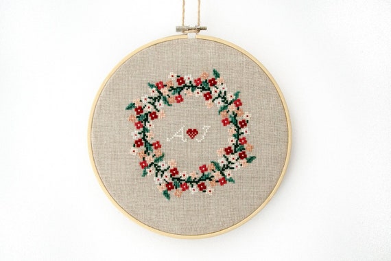 Flower Wreath of Love PDF CHART Cross Stitch Pattern Download/Personalized hoop art cross stitch/ wedding cross stitch pattern / primitive