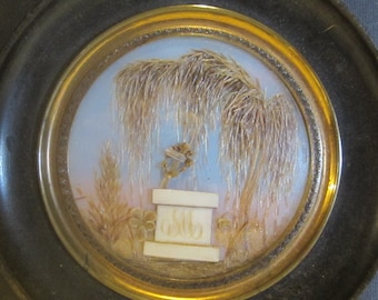 Antique memento mori, framed miniature with hair work cemetary scene; mourning frame, palette hair work; memento mori mm203