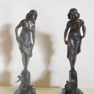 2 art nouveau bronzes by Paul Ludwig Kowalczewski &quot;frog prince and princess&quot; and &quot;princess and doves&quot; ca 1905